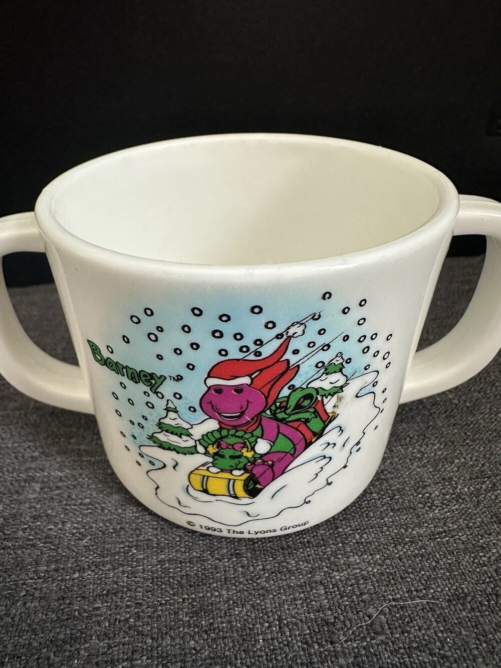 Vintage 1993 Barney Baby Bop Christmas Toddler Cup Double Handle Lyons Group